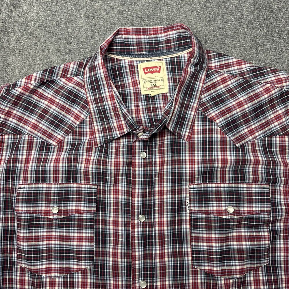 Levi's XXL Red Blue Pearl Snap Button Front Short Sleeve Plaid Shirt Western